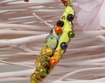 pendant enameled copper and glass beads