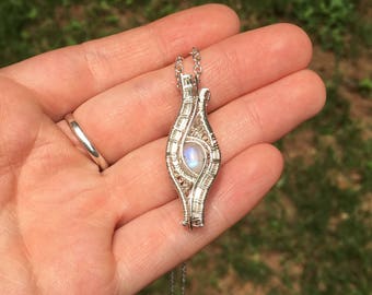 Mini rainbow moonstone wire wrap necklace