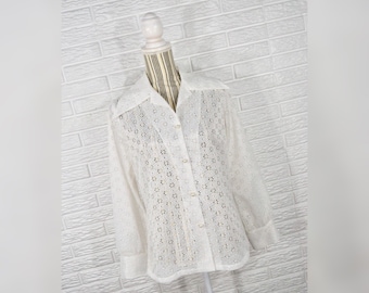 Vtg 70s Carefree Fashions Sheer White Eyelet Button Up Top