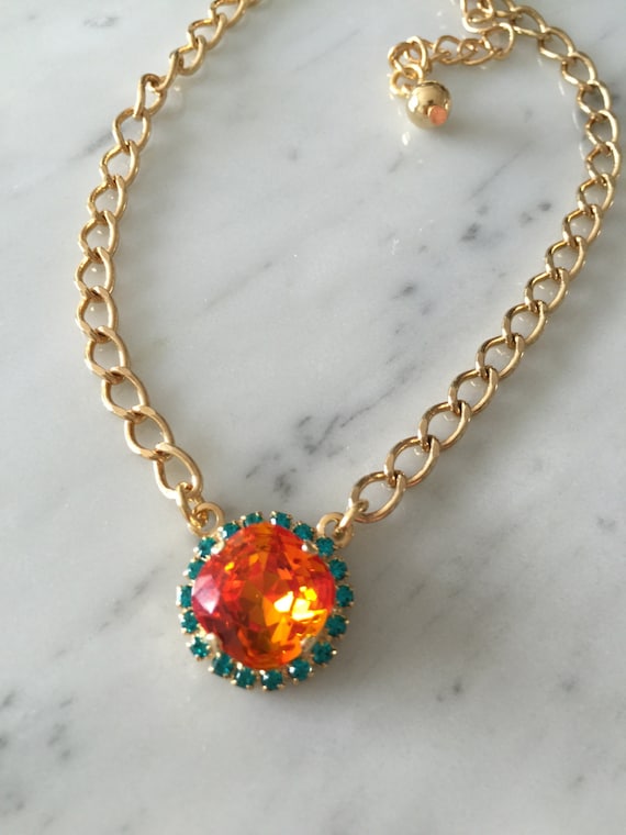 Tangerine Crystal Necklace, Swarovski Crystal and Rhinestone Necklace, Swarovski Tangerine Pendant, Orange Crystal Pendant
