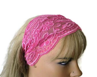 Pretty Pink Stretch Lace Headband, Bridesmaids Hair Wrap-Anytime fashion-Summer headbands-Summer fashion (006)