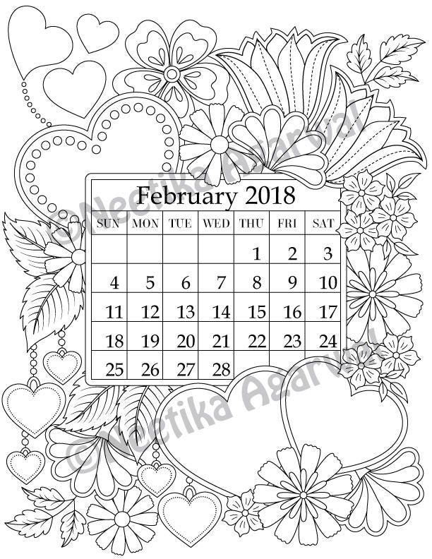 February 2018 Coloring Page Calender Planner Doodle