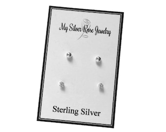 Sterling Silver Two pair earring set, 3mm Ball Posts and 2.5 mm CZ post earrings, multiple earring set, Cartilage Earrings