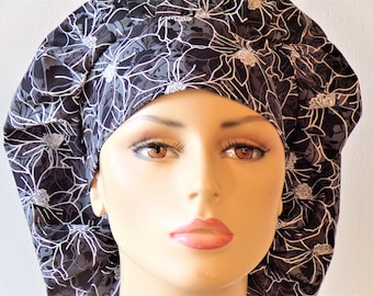 Surgical Bouffant Scrub Hat Black Floral with Gray and White Medical Scrub Hat / Scrub Caps Made in USA