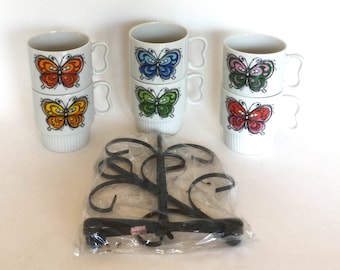 Set of Six 60s Japanese Mod Butterfly Stacking Coffee Cups/Mugs with Mug Tree