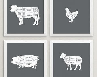 Set of 4 butcher prints – Butcher posters – Butcher chart – Butcher diagram – Meat cuts prints – Animal prints – Kitchen art – BUT002