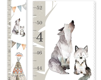 Woodland Nursery Decor, Woodland Growth Chart, Canvas Growth Chart, Tribal Chart, Gender Neutral Growth Chart, Baby Wolf Print, Height Chart