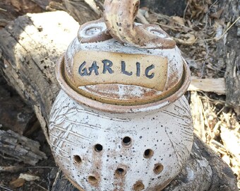 Earthy Wheat Garlic Jar Handmade Pottery by Daisy Friesen