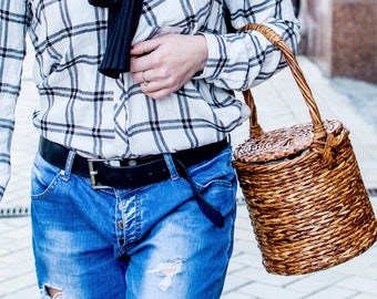 Jane Birkin style basket Round wicker basket with lid and handle Shopping basket Cane basket Vintage basket purse Inspirational women gift