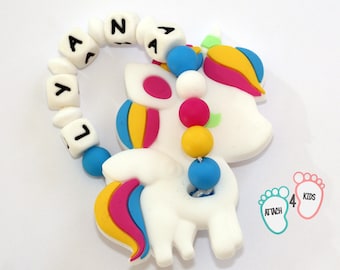 Baby teether personalized name - Unicorn Theme - 100% silicone
