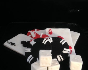 Gluten Free Edible Fondant Casino Gamblers Poker Chip Dice Cards Aces Cake Topper Set 12 Pieces