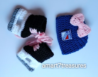 NY Rangers Crochet Hockey Set, Baby Hockey/Baby Girl Hat & Skates/Newborn Hockey Gift, Hockey Baby Girl/knit Hockey Skates/hockey