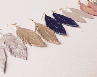Feather Earrings, Leather Feather Earrings, Genuine Leather Feather Earrings, Large Feather Earrings, Statement Earrings, Beautiful Earrings