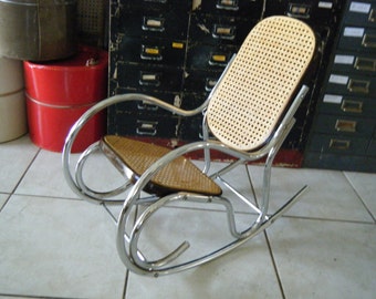 Vintage Mid Century Modern Childs Scrolled Chrome & Cane Rocking Chair