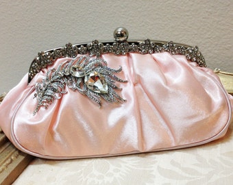Bridal clutch, pink wedding clutch, Crystal clutch, vintage inspired evening bag, Pink clutch, bridal bag