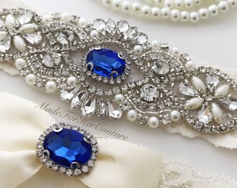 Royal Blue Wedding Garter, Bridal Garter Set, Blue Garter Set, Crystal Pearl Garter, Vintage Garter, Wedding Garter Belt-Something Blue