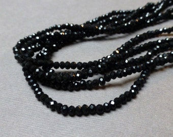 Sparkly Faceted Glass Rondelles. Jet Black. Opaque. Faceted Crystal Rondelles. 3mm. Full Strand. One (1).