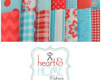 Aqua and Red 5" Fabric Squares Charm Pack, 56 pieces, 100% cotton