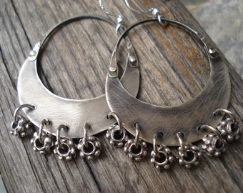 Crescent Moon Oxidized Silver Hoops Celestial Tribal Gypsy Earrings Cold Connection Sterling Silver Artisan Metalwork Earrings Boho Hoops