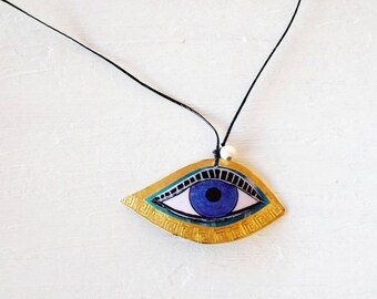 Long Necklace, Greek Meander Evil Eye Necklace, big eye necklace