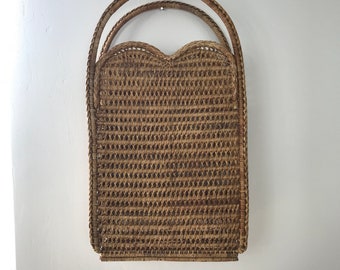 Vtg 70s raffia straw woven bucket bag purse