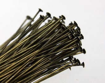 300 Antique Brass FLAT headpins Bronze Flat Head Pins T Pins - 2 inch (50mm) 22Gauge 22G - from California USA