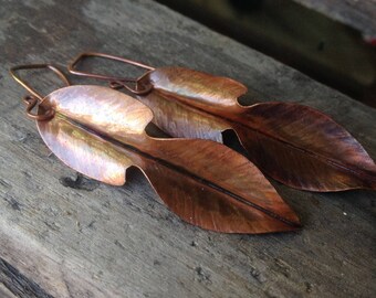 Ivy Leaf Earrings, Rustic Copper Fold Formed Nature Jewelry