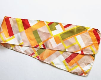 Vintage 1960s Red, Orange, Yellow, White, and Beige Modern Print Scarf/ Headband