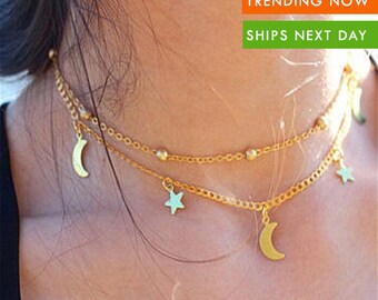 2 Layer Star Moon Choker Necklace, Gold Star & Moon Necklace, Moon Necklace