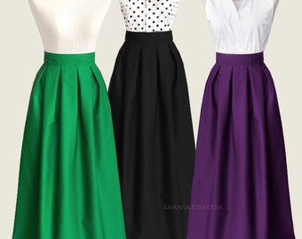 Cotton pleated long skirt with pockets - custom size length maxi, floor length, ball gown skirt in black blue navy green plum gray