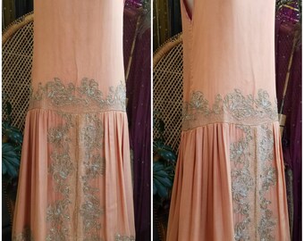 Jeweled Peach 1920's Beaded Silk Chiffon Art Deco Style Handmade Dress Gown 20s Style Flapper Gatsby Embroidered