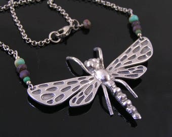 Large Dragonfly Necklace, Dragonfly Jewelry, Beaded Necklace with Dragonfly Pendant, Statement Necklace, Czech Bead Jewelry, N2082