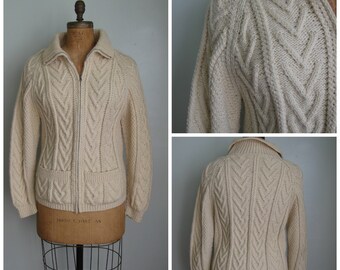 Retro Wool Zippered Sweater// Made in Ireland// Cableknit// Cream// Grandpa Sweater