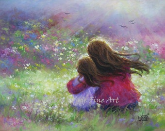 Mother Daughter Art Print, garden mother, loving mother brunette daughter, paintings, girls room, wall art, mother's day, Vickie Wade art