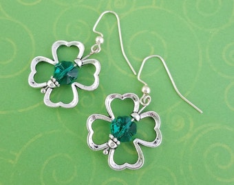 St. Patricks Day Green Swarovski Crystal Clover Earrings, St Patricks Gift, Ireland Jewelry, Irish Jewelry, St Patricks Jewelry