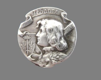 Saint Joan Of Arc by Becker - French Antique Religious Saint Large Brooch Jewelry - Art Nouveau Medal