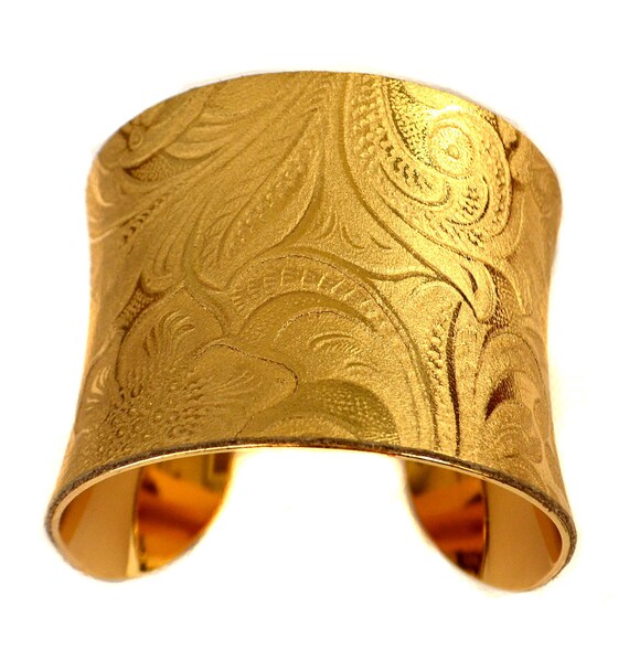 Metallic Gold Embossed Floral Cuff Bracelet by UNEARTHED