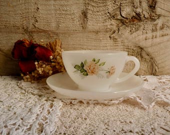 Vintage ARCOPAL CUP and SAUCER, Large Breakfast Cup, French Opaline Milk Glass with Pink Roses Pattern. 1970s.
