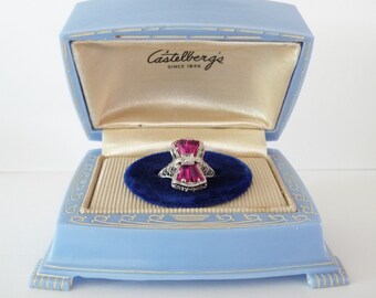 Art Deco Celluloid Ring Box Blue with White Etched Flowers Lady and Deco Design Vintage Blue Ring Box Holder from TreasuresOfGrace