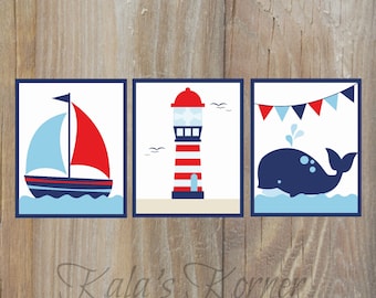 Nautical Nursery Decor - Sailing Nursery Art - Boys Nursery Decor - Self Print 3 piece Set - Instant Download Jpeg Files