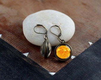 Sun dangle earrings, Sun drop earrings, double sided sun earrings, tiny planet drop earrings, Space Astronomy Jewelry, Galaxy Earrings
