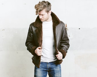 Vintage Sheepskin Men Jacket . Mens 70s Sherpa Coat Winter Leather Brown Jacket Outerwear Long Jacket . size Medium M