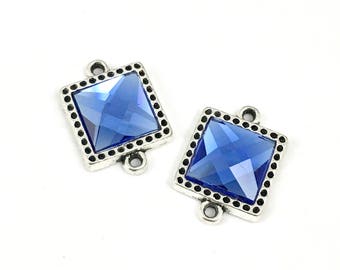 2 square connector silver tone and glass cabochon 20mm x 27mm #CON 353