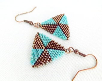 Peyote Earrings / Peyote Triangle Earrings / Beaded Earrings in Turquoise and Brown / Sterling Silver or Copper / Seed Bead Earrings /