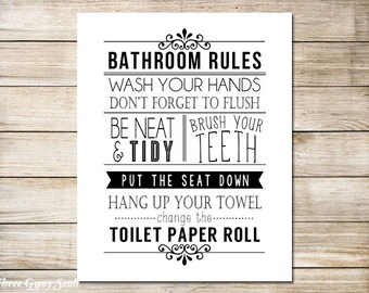 PRINTABLE ART Bathroom Wall Art Bathroom Wall Decor Bathroom Rules Art Funny Bathroom Sign Black and White Bathroom Art