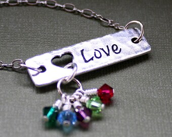 Love Necklace with Childrens Birthstones - Crystal Birthstone Pendant - Mother or Grandmother Necklace