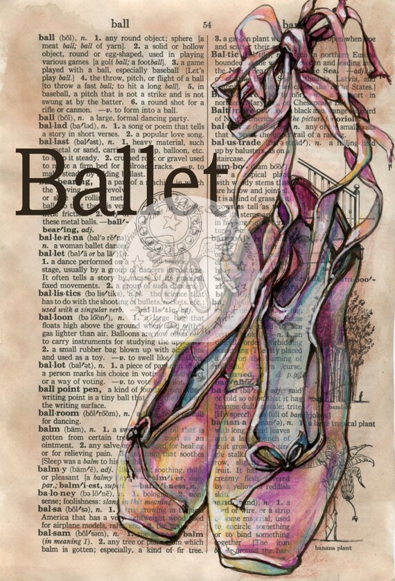 PRINT Ballet Shoes Mixed Media Drawing on Distressed