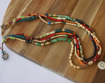 Multi Strand Boho Necklace Tribal African Multicolor Bead Necklace Multi layer Seed Bead African Ethnic Jewelry Statement Woman Necklace