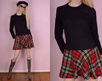 60s 70s Black and Plaid Dress/ Medium/ 1960s/ 1970s/ Vintage