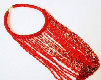 Beaded Twisted-Fringe Loop Necklace - Red & Multicolor